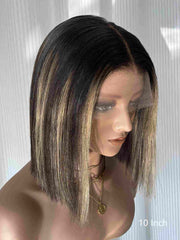 Right side view of Aubrie bob wig in brown blonde highlights on mannequin head