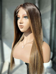 Amber straight human hair wig left side view on mannequin
