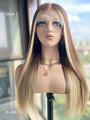 Front view of Selena straight chocolate brown to blonde balayage human hair wig on mannequin with smooth texture - MillionWig