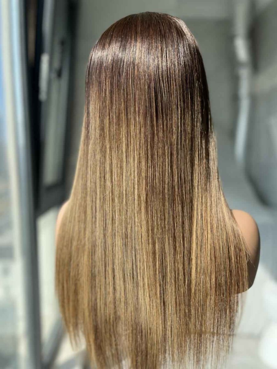 Amber Straight HD Lace Human Hair Wig | Natural Black with Dark Golden Brown Highlights - MillionWig