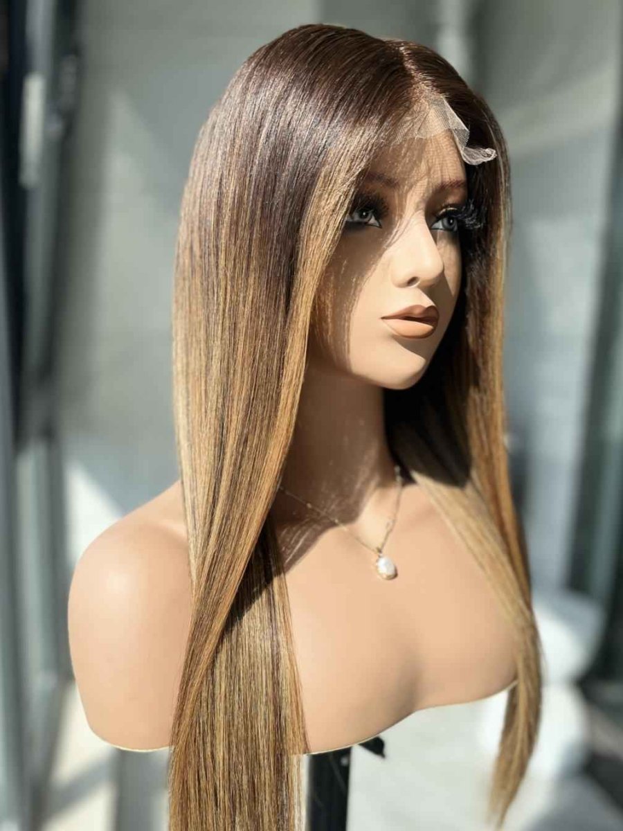 Amber Straight HD Lace Human Hair Wig | Natural Black with Dark Golden Brown Highlights - MillionWig
