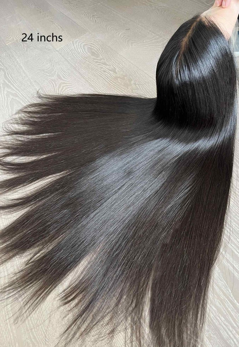 Angela straight human hair wig back view – natural black glueless HD lace front