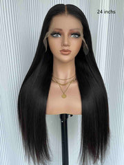 Angela straight wig side view – natural black Indian virgin hair HD lace front