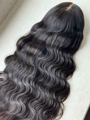 Della Natural Black Human Hair Wig with Bangs – Permanent Body Wave HD Lace Glueless Wig - MillionWig