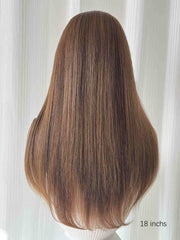 Chocolate brown straight human hair wig back view, layered cut with soft inward ends