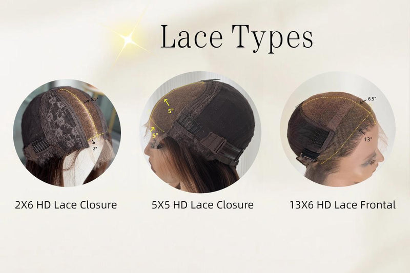 Wig lace types comparison - 2X6 HD lace closure, 5X5 HD lace closure, 13X6 HD lace frontal | MillionWig

