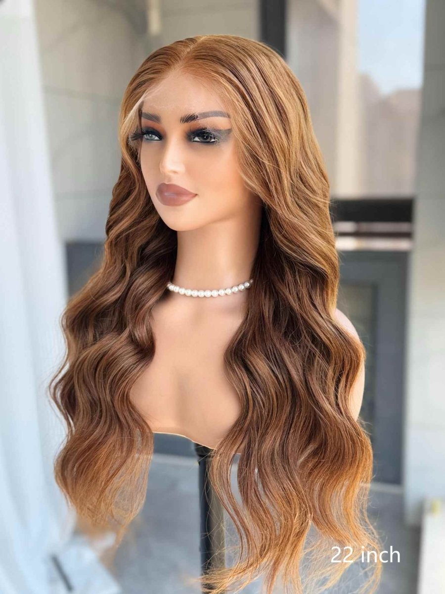 LILY Golden Brown Highlight Wavy Human Hair Wig – Glueless HD Lace Front Wig (16–30 Inch) - MillionWig