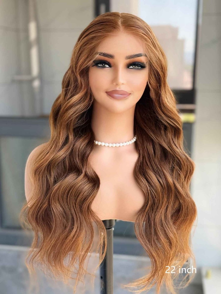 LILY Golden Brown Highlight Wavy Human Hair Wig – Glueless HD Lace Front Wig (16–30 Inch) - MillionWig
