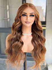 LILY Golden Brown Highlight Wavy Human Hair Wig – Glueless HD Lace Front Wig (16–30 Inch) - MillionWig