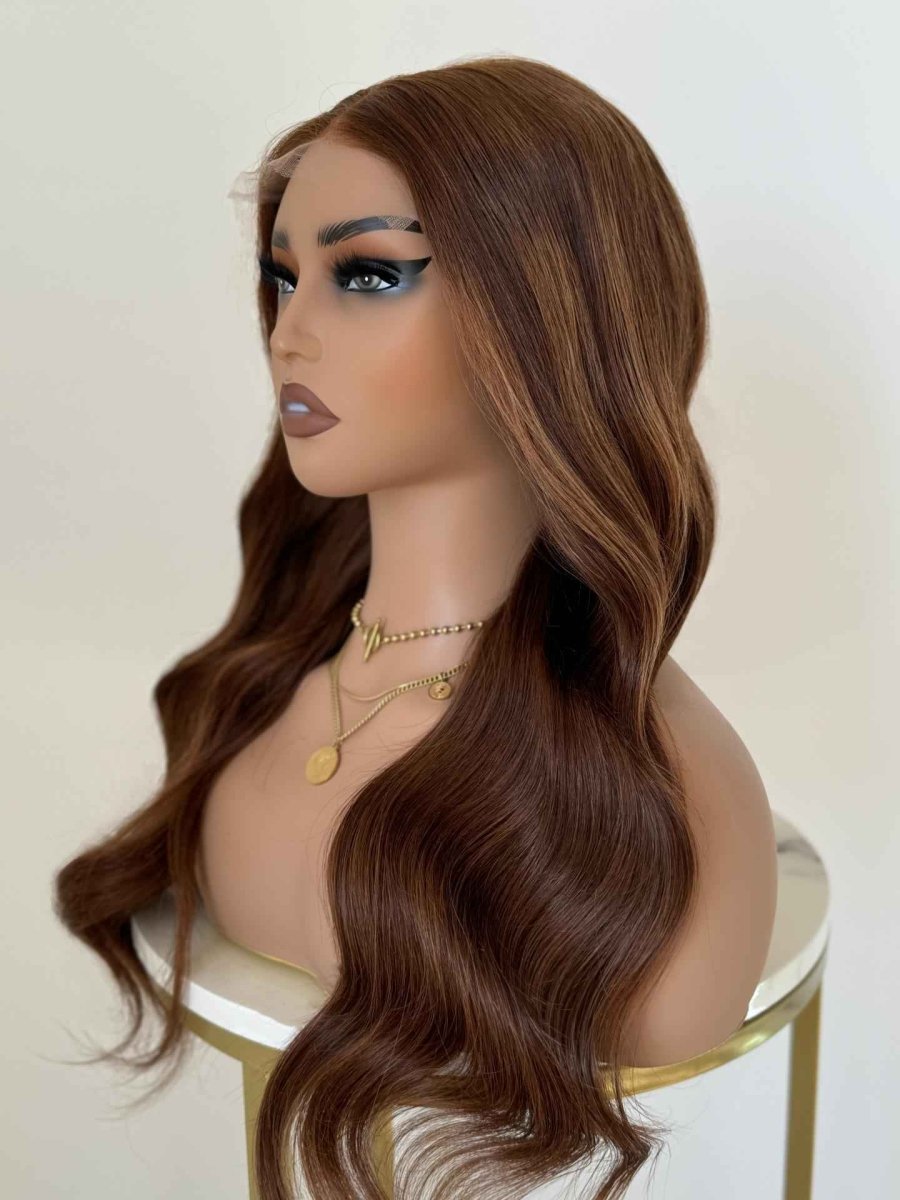 MIA Deep Brown Highlight Wavy Human Hair Wig – Glueless HD Lace Front Wig (16–30 Inch) - MillionWig